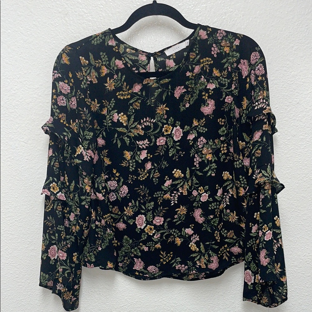 Lush Sheer Floral Black Top Women’s Small with Statement Layered Bell Sleeves